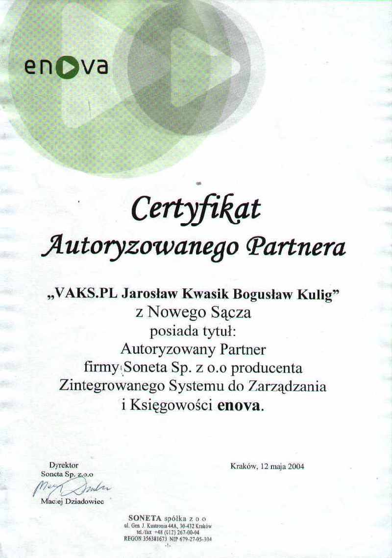 Certyfikat Autoryzowanego Partnera enova